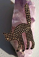 Vtg Dorothy BAUER Gold Tone Black Rhinestone Scary Black Cat Halloween Brooch