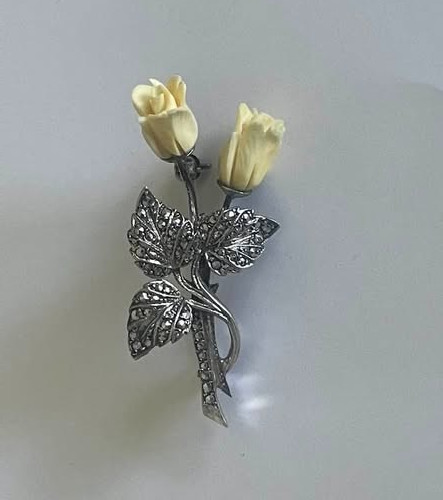 VINTAGE 935 STERLING SILVER ANTIQUE GERMANY MARCASITE GEM ROSE FLOWER BROOCH