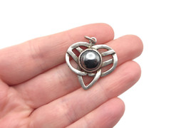 Vintage Sterling Silver Hematite Stone Celtic Knot Heart Pendant for Necklace