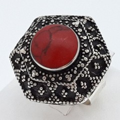 Vintage 5.50ctw Red Coral Cabochon Silver Ring Size 8