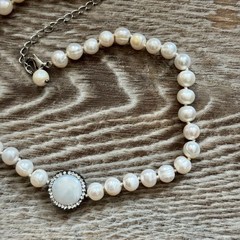 Cultured Freshwater Pearl & Rhinestone Short Beaded Necklace Knotted Between