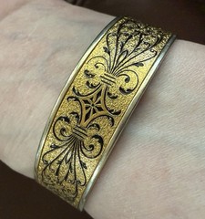 Antique Art Deco Bangle JJ White Bracelet Gold Plated Green Stone Vintage