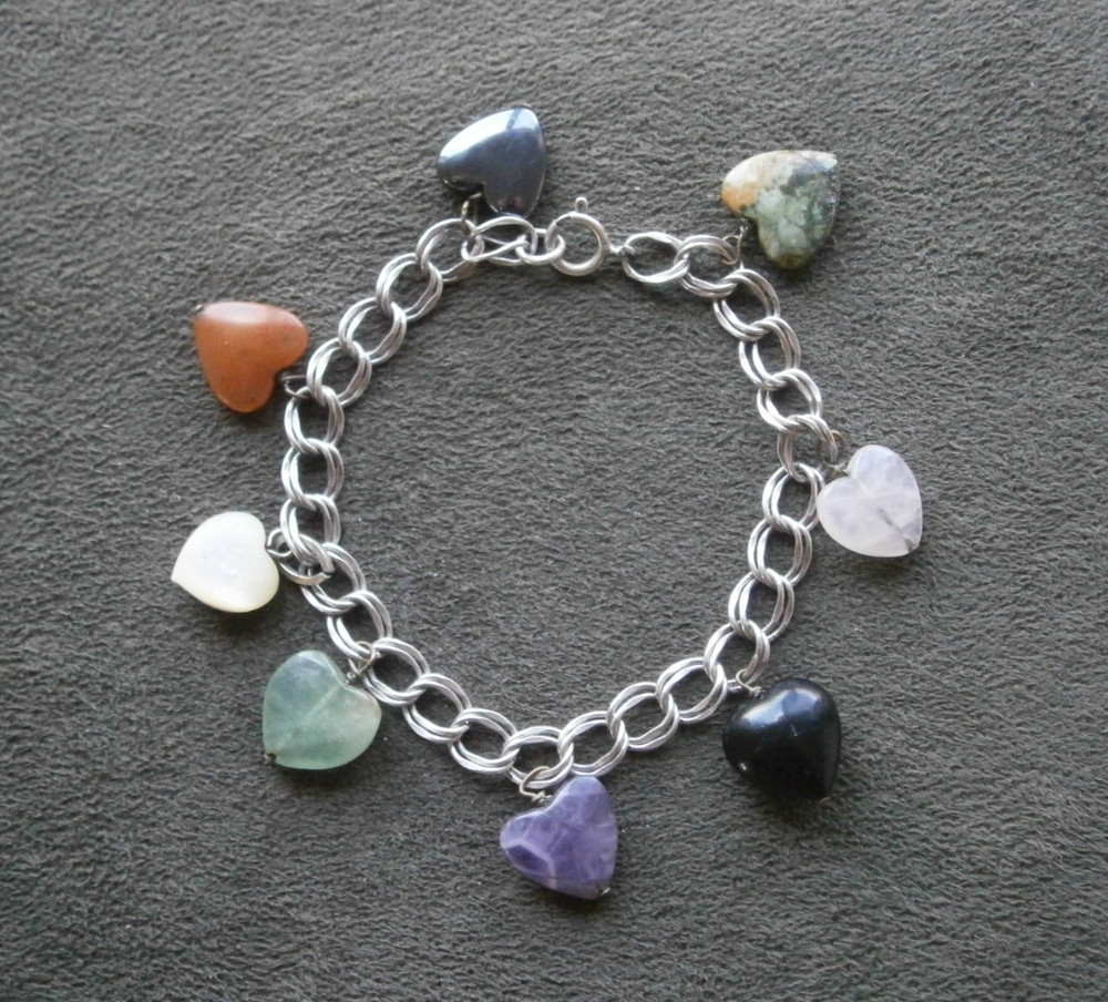 Semi Precious Stones Double Link Vtg Sterling Silver Charm Bracelet 6.75″~ 12.8g