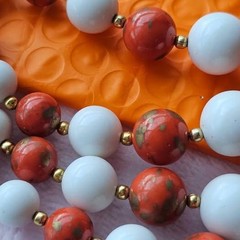 Vintage Japan 3-Strand Beaded Necklace Marbeled Orange and White