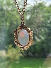 Vintage Jewelry, Cream Stone Pendant with Chain, Antique Jewelry, Made in USSR