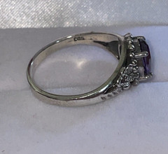 Oval Simulated Purple Amethyst & Sterling Silver Ring Flowers on Sides Size 8