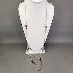 Necklace Pierced Earrings Lot of 2 Black Glass Acrylic Station Gold Tone 48″
