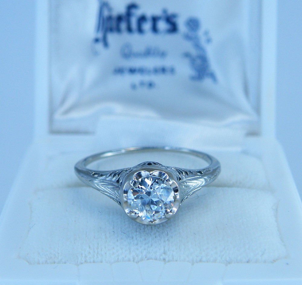 18k 1920’s Art Deco Old Euro Diamond .70 ct Solitaire RING Engagement Filigree