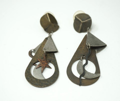 Vintage Brutalist Hammered Abstract Two-tone Statement Earrings Moon Star Drop