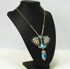 Art Deco Style Gold Tone Chain Blue Crystal Statement Necklace