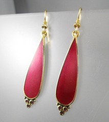 Vtg LAUREL BURCH 2″ Cloisonne Red Enamel Teardrop Dangling Hook Earrings 195c