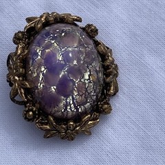 BLUE PURPLE IRRDESCENT SAPHIRET COLOR CABOCHON FOILED ART GLASS METAL PINCHBECK