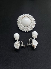 Vintage Miriam Haskell Milk Glass Flower Brooch & Earrings White Floral Dangles