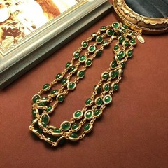 Vintage Green Cabochon Necklace Gold Tone Oval Link Statement Chain
