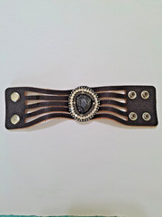 Brown Leather Snap Band Wrist Bracelet with Faux Black Stone / Rhinestones
