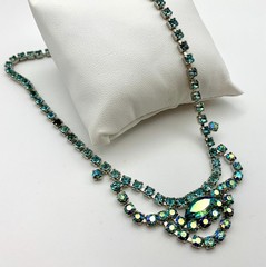 Sky Blue AB Aurora Borealis Rhinestone Festoon Necklace Prong Set Vintage 1950s