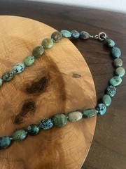 Vintage Chinese Export Turquoise Necklace Silver Clasp Natural Nuggets 30” inch