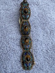 Chinese Export Silver Gilt Filigr Bracelet with Enamel and Tiger’s Eye Cabochons