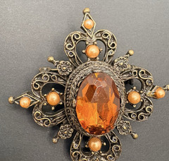Vintage Filigree Amber Rhinestone Ornate Victorian Style Brooch Antique Gold