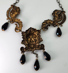 Green Man Art Nouveau Style Stamped Brass Necklace Jet Black Faceted Beads 18″