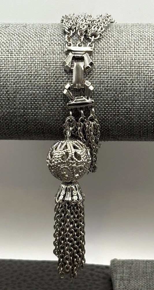 Vintage Silver Tone Multi-Strand Chain Bracelet Ornate Filigree Tassel Charm