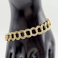 Fancy Double Circular Link Fancy Curb Shiny Gold Tone Vintage Chain Bracelet