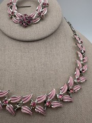 Vintage Pink Enamel Rhinestone Necklace And Pin Set- See Description