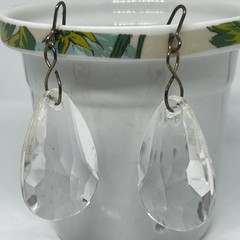 Vintage Glass Prism Earrings Dangle Drop Artisan Brass Hooks Reflects Light 2”