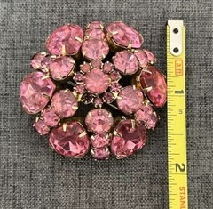 VTG Blush Pink Rhinestone Brooch Pin Big Domed Round Hollywood Regency Style Lg