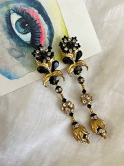 Lois Ann Vintage 80s Gold Crystal Clip On Earrings Black Glass Beads Statement