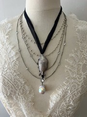 Vintage Fine Sterling Puff Fish Pendant Baroque Pearl Silk Sea Goth Necklace