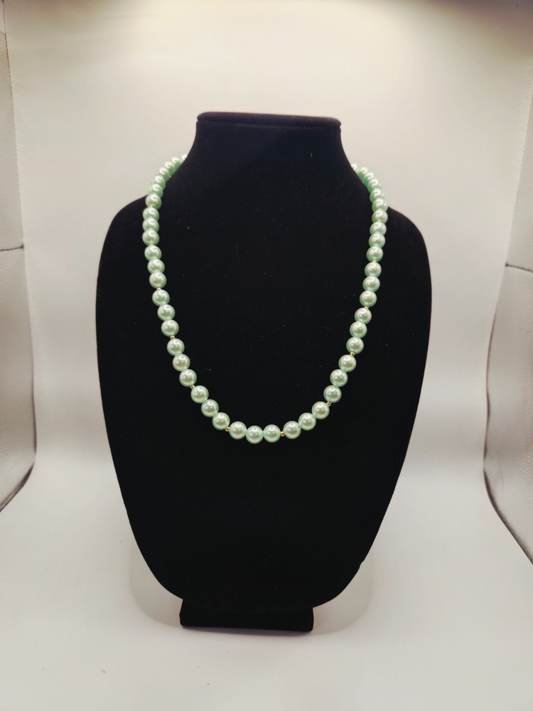 Vintage Mint Green Faux Pearl Necklace Gold Tone Spacers Elegant Costume Jewelry