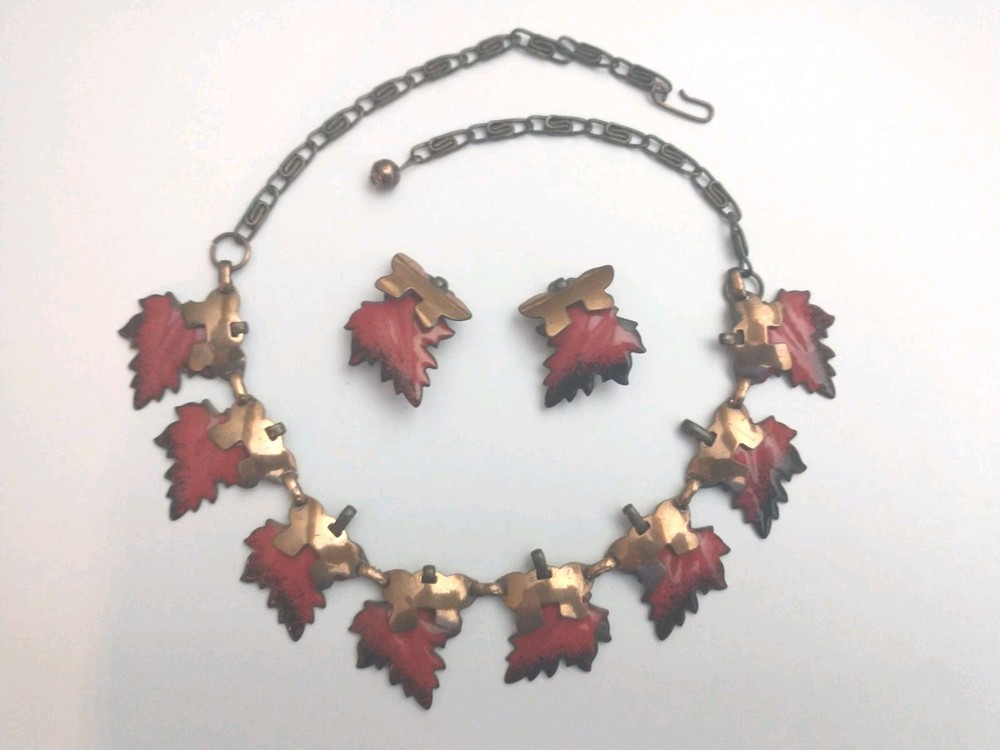 Vintage Enameled Red Copper Leaf Necklace & Earring Set Renoir/ Matisse Style