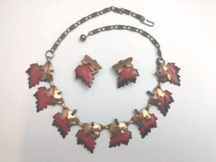 Vintage Enameled Red Copper Leaf Necklace & Earring Set Renoir/ Matisse Style