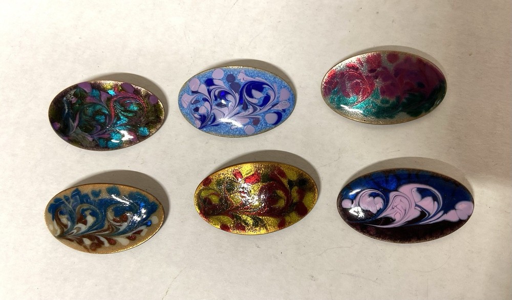 6 pcs. Wholesale Lot-Enamel on Copper Med OVAL PIN-ARTISAN Made-Inga Enamels (B)