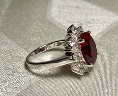 925 Sterling Silver Red & White CZ Halo Ring Size 8 Oval Statement Cocktail
