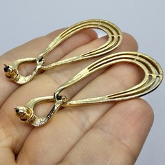 Vtg Goldtone Teardrop Triple Hoop Statement Dangle Earrings Post
