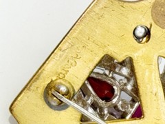 Signed 1940s McClelland Barclay Gold-Tone Ruby Red & Clear Rhinestone Pin