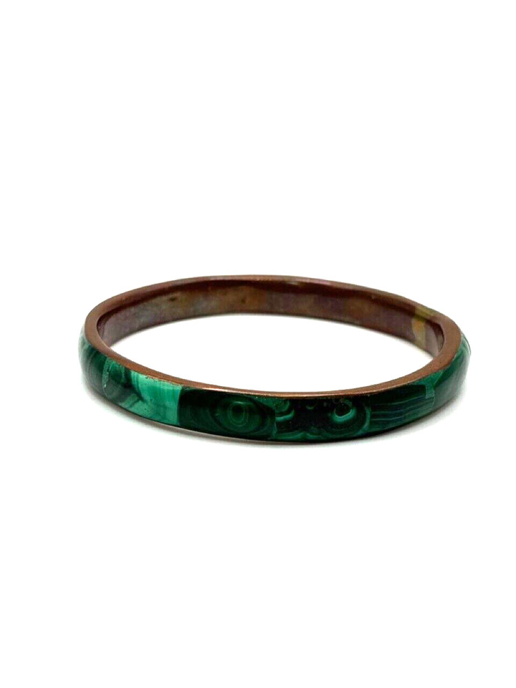 Vintage Copper and Green Malachite Inlay Bangle Bracelet 2.25″ Diameter