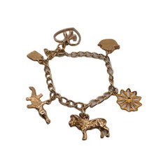 Vintage Gold Tone Multi Charm Bracelet Heart Cross Book Alligator Ark Flower 6