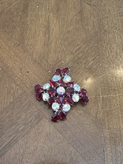Vintage Dark Red & Clear AB Rhinestone Floral Cluster Brooch Gold Tone Nice!