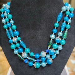 Vintage 3 Strand MCM Art Glass Lucite Bead Necklace Aqua Teal Blue 1950s-1960s