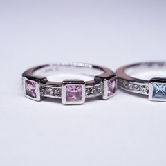 1990’s 18K White Gold-Plated Pink and Blue square stone 2 ring stack