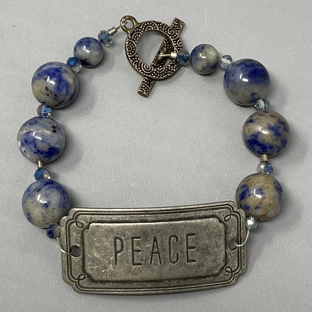 Gemstone Bracelet Blue Gray Marble Stone Peace Tag Toggle Healing Chakra Boho