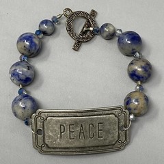 Gemstone Bracelet Blue Gray Marble Stone Peace Tag Toggle Healing Chakra Boho