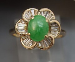 Apple Jade Diamond Baguette Daisy Halo 18k Gold Ballerina Ring
