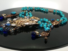 Czech Art Glass Necklace Gold Egyptian Motif Blue Drops Statement Jewelry