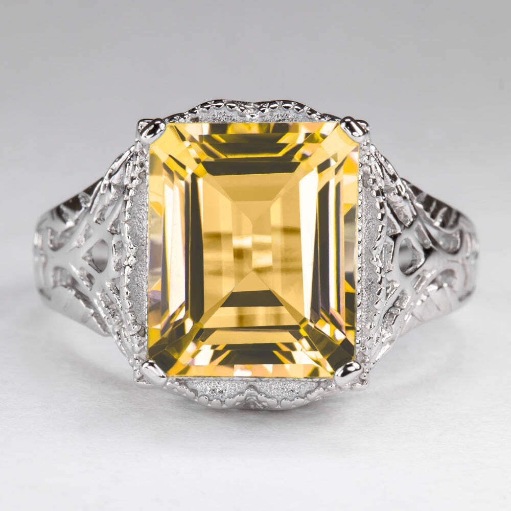 CITRINE VINTAGE ART DECO EMERALD CUT LAB CREATED DIAMOND 925 SILVER RING