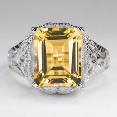CITRINE VINTAGE ART DECO EMERALD CUT LAB CREATED DIAMOND 925 SILVER RING