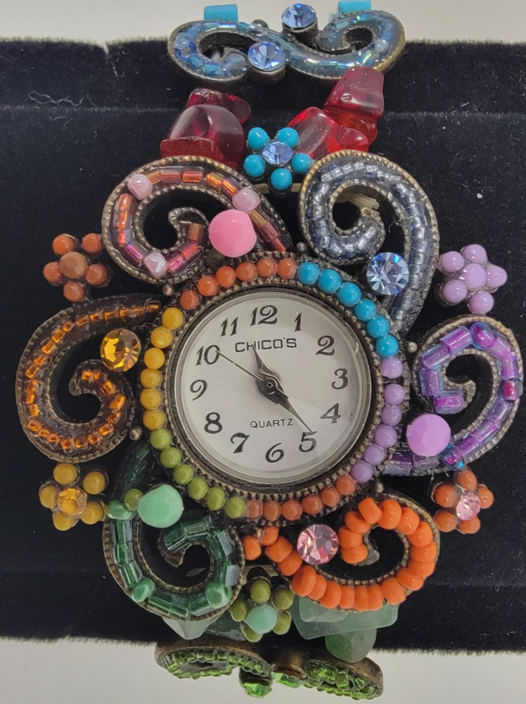 VINTAGE CHICO’S CUFF BRACELET BEADED WRIST WATCH MULTICOLOR CRYSTALS NEVER WORN!
